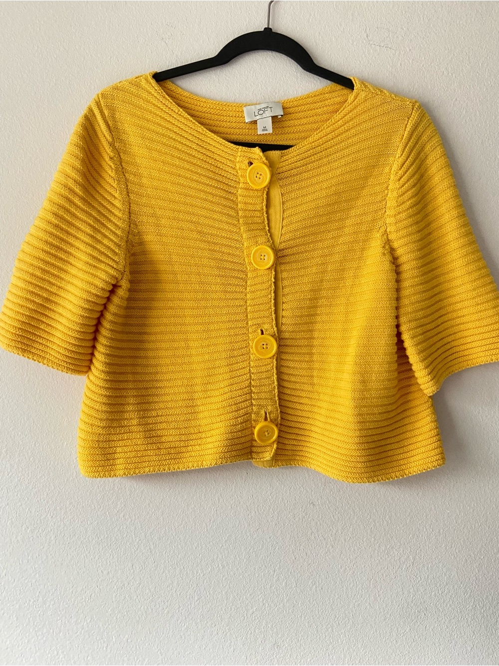 LOFT Yellow Textured Knit Cropped Cardigan Short Sleeve Sweater M